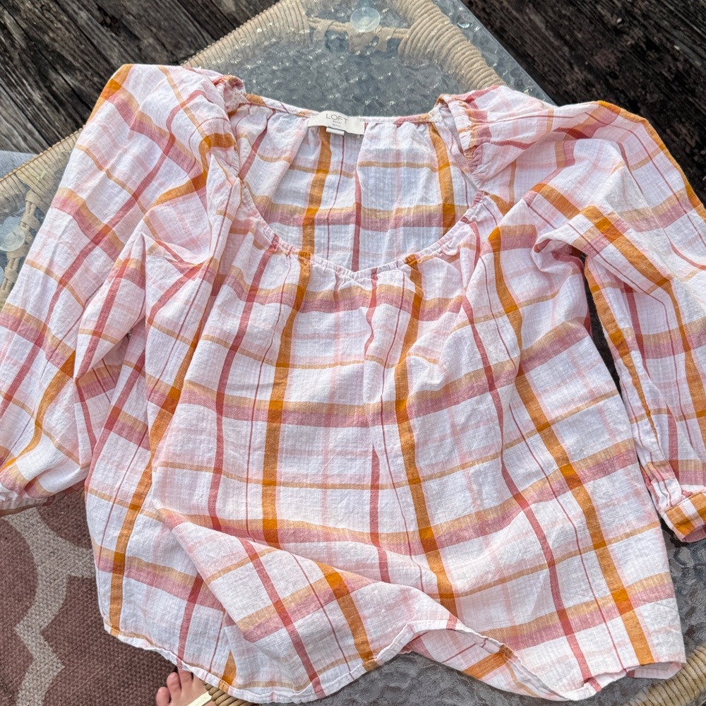LOFT Pink Plaid Boho cotton Blouse